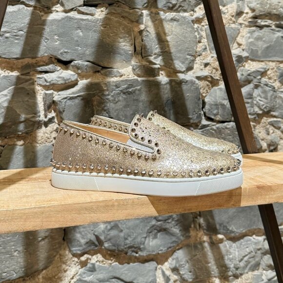 Christian Louboutin Glitter Gold Pik Boat Spike Slip-on Sneakers - Picture 1 of 12